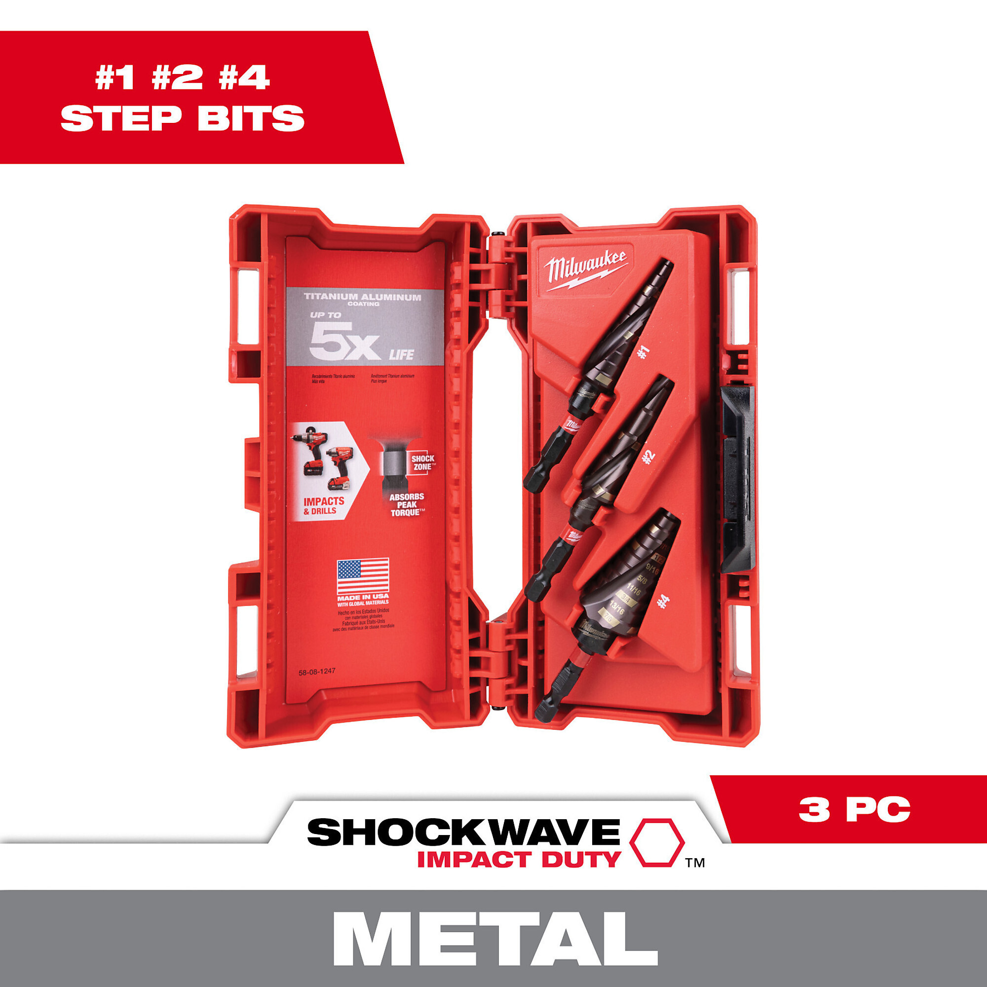 Milwaukee SHOCKWAVE Electrical Step Drill Bit Set, 3-Pc., #1, 1/8in.–1/2in., #4, 3/16in.–7/8in., #9, 7/8in.–1-1/8in., Model# 48-89-9257
